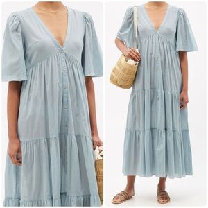 New! Loup Charmant Symi Cotton-Voile Light Blue V-Neck Buttoned Dress 🩵 Medium